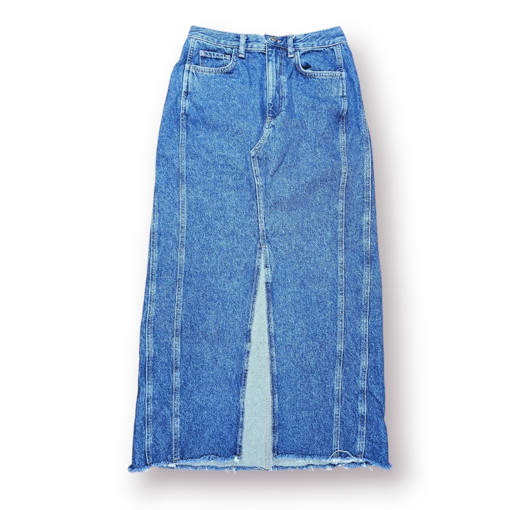 Mango Blue Denim Front Cut Out Smart‎ Casual Boho Western Maxi Skirt Sz S